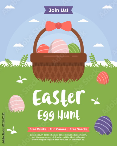 Easter egg hunt poster template with a basket of eggs in the garden with blue sky. Egg hunt announcement and invitation template perfect for Easter celebration event