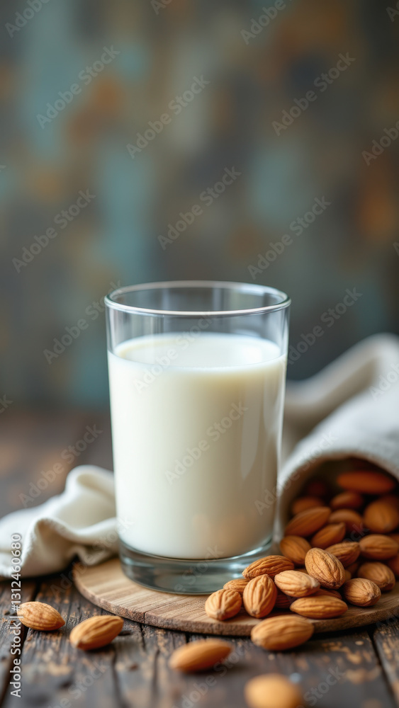 Glass of milk with almonds on a wooden surface. Glass of milk with almonds on a wooden surface.