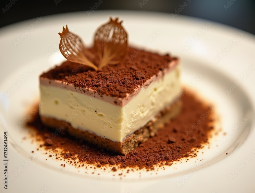 Exquisite tiramisu slice plated with cocoa art and delicate espresso foam Exquisite tiramisu slice plated with cocoa art and delicate espresso foam