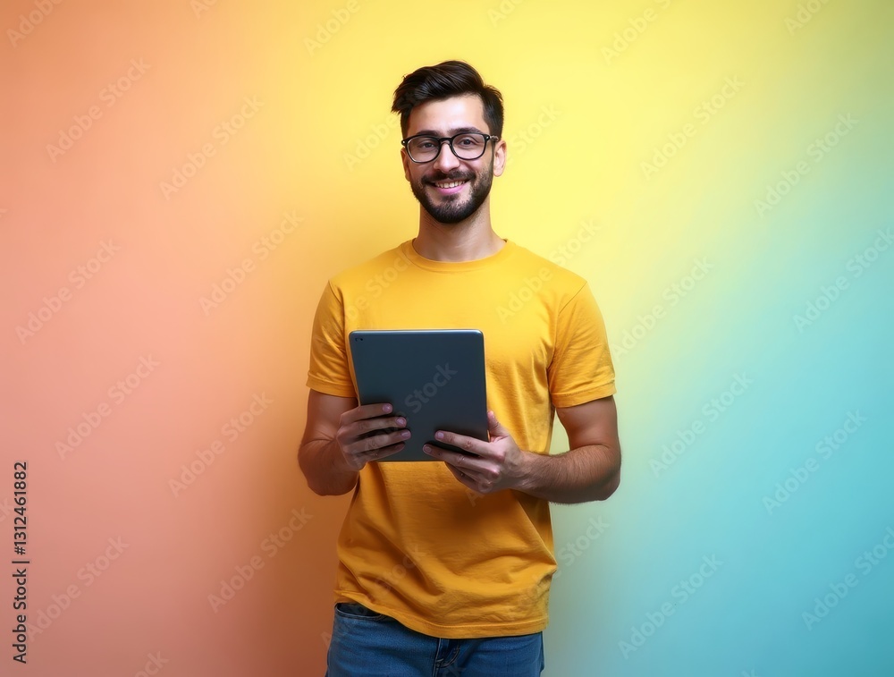 Young entrepreneur holding tablet on gradient background Young entrepreneur holding tablet on gradient background