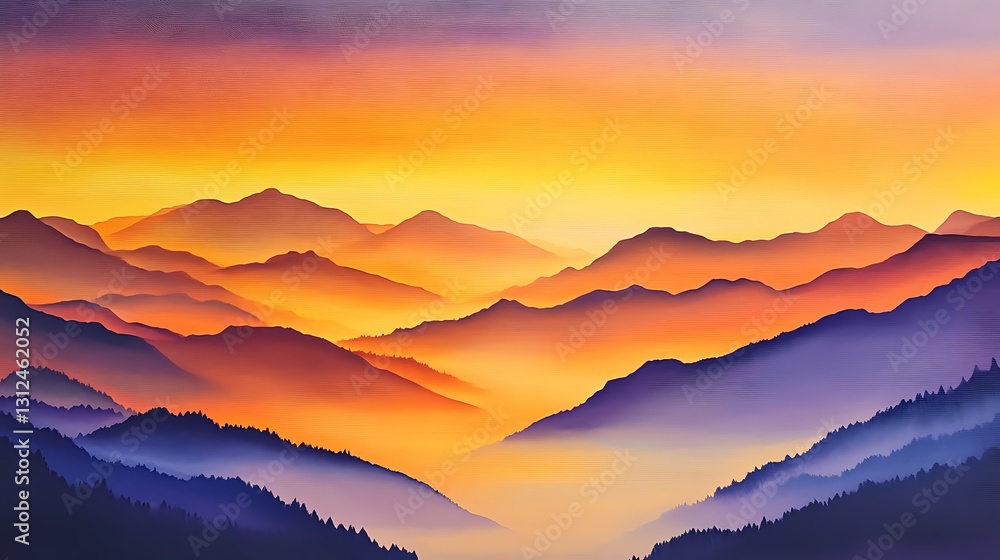 Majestic mountain ranges under a vibrant gradient colored sky Majestic mountain ranges under a vibrant gradient colored sky