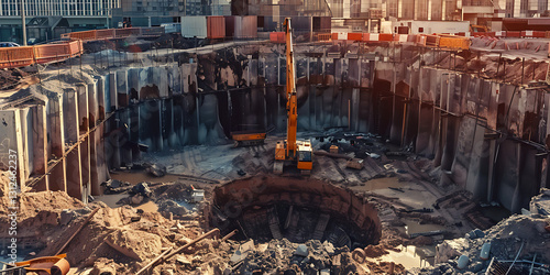 Large Construction Site with Deep Excavation and Heavy Machinery
