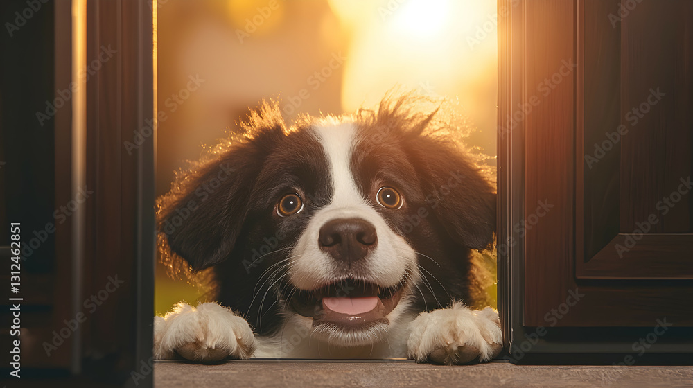A happy dog with its face peering through the doorway