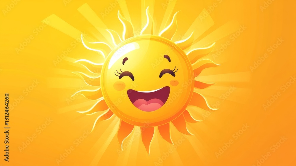 Cheerful sun character with happy smile on bright yellow background Cheerful sun character with happy smile on bright yellow background