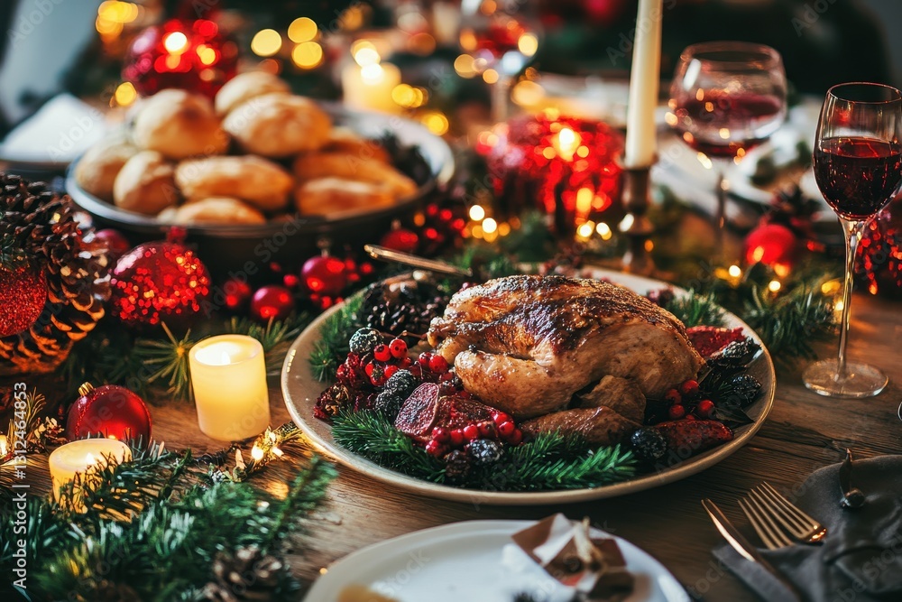 Savor a holiday feast, served on a table decorated to bring out the full Christmas vibes Savor a holiday feast, served on a table decorated to bring out the full Christmas vibes