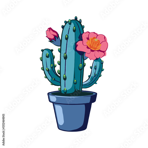Cactus in a blue pot with blooming pink flowers, depicted in a colorful, cartoon style on a white background, representing nature