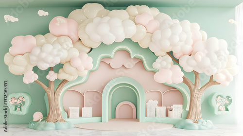 Dreamy pastel balloon decor in whimsical indoor environment