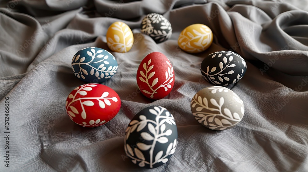 A red Easter egg with white and silver leaf designs A red Easter egg with white and silver leaf designs