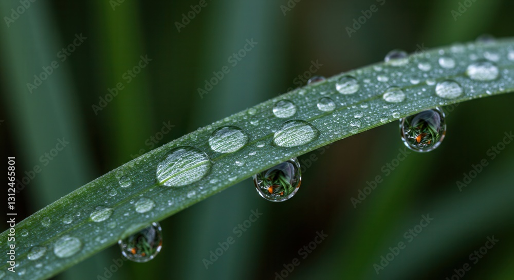 Water Droplets on Green Leaf Reflecting Foliage in a Macro Shot Water Droplets on Green Leaf Reflecting Foliage in a Macro Shot