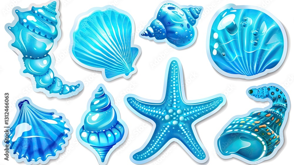 A sheet of watercolor blue seashells and starfish stickers A sheet of watercolor blue seashells and starfish stickers