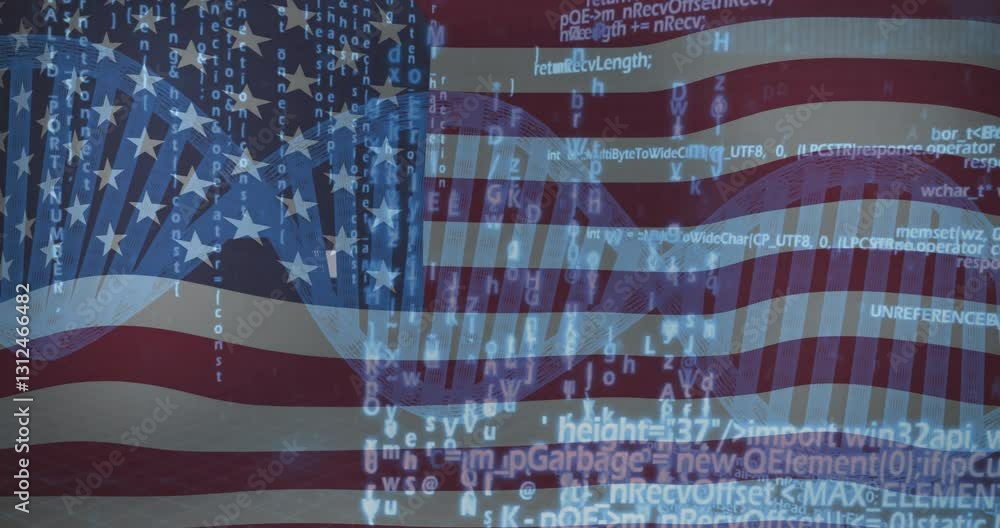 Animation of American flag with digital code, symbolizing cybersecurity in school setting Animation of American flag with digital code, symbolizing cybersecurity in school setting
