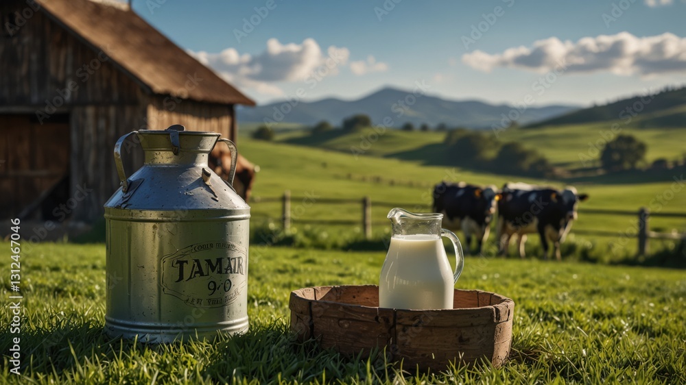 Obraz premium Fresh milk in a vintage jug and metal container on a vibrant green farmland with grazing cows.