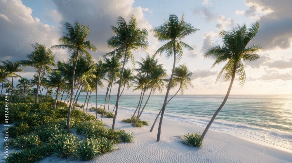 Naklejka premium Tropical beach sunset with palm trees, aerial view