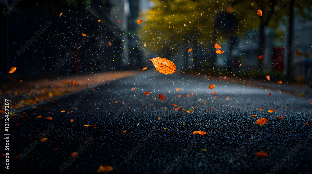 The image features falling leaves on a wet asphalt road