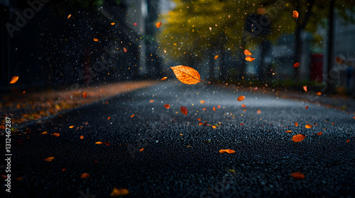 Obraz na płótnie The image features falling leaves on a wet asphalt road w salonie
