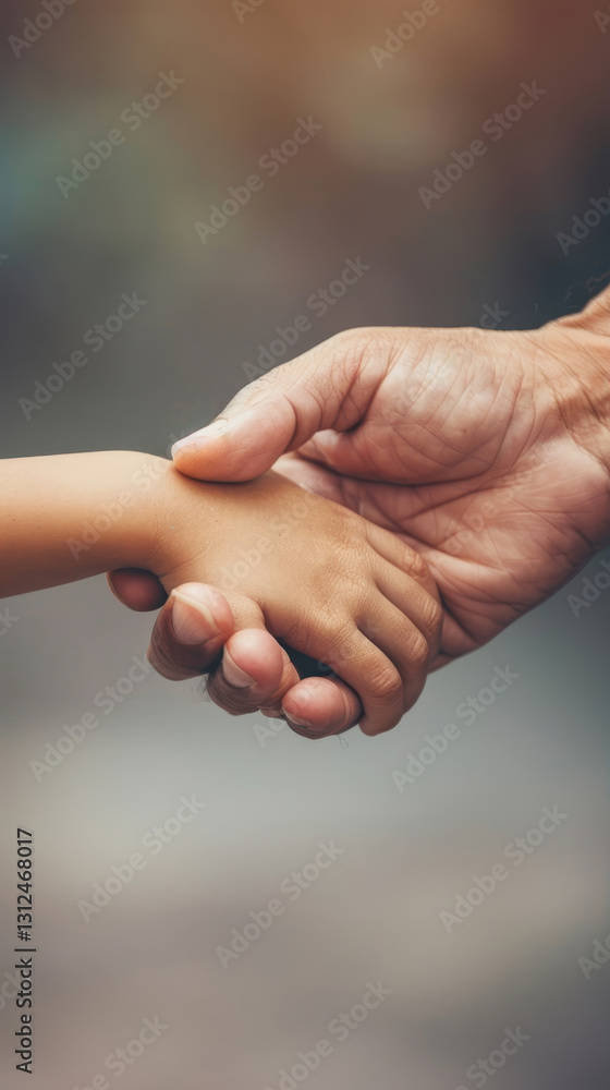 An adult's hand securely holding a child's hand against a blurred natural background, symbolizing care and guidance. An adult's hand securely holding a child's hand against a blurred natural background, symbolizing care and guidance.