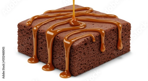 A square shaped piece of chocolate cake browne pie cake with a rich dark brown color baked to perfection the cake is drizzled with a thick glossy caramel sauce with some of it dripping down the sides