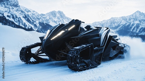 Fototapeta Naklejka Na Ścianę i Meble -  Powerful Black Snowmobile in Polish Mountains