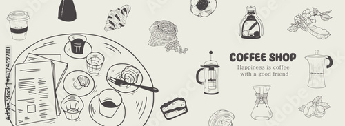 Minimalist Coffee Culture Banner Design. Features coffee cups, beans, baristas, and pastries in a vintage-inspired. suitable for branding, advertising, and modern café aesthetics.