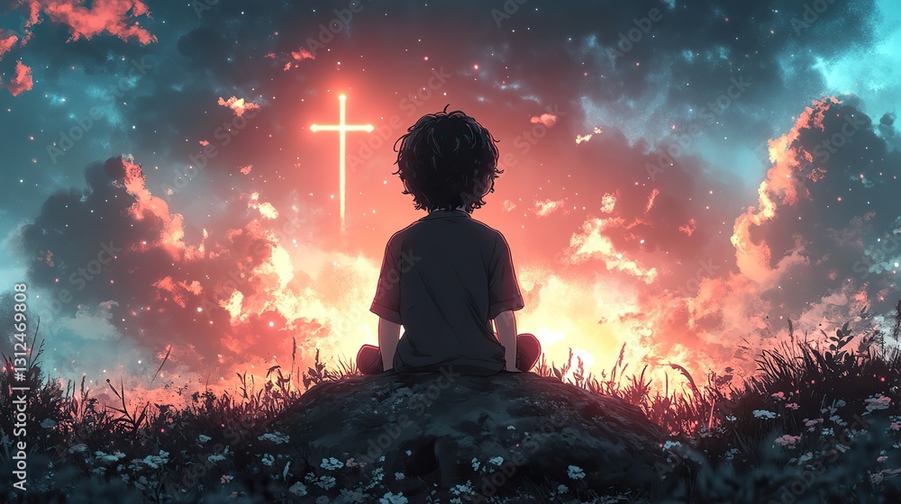 illustration of a boy sitting and praying on a rock with a cross in the background illustration of a boy sitting and praying on a rock with a cross in the background