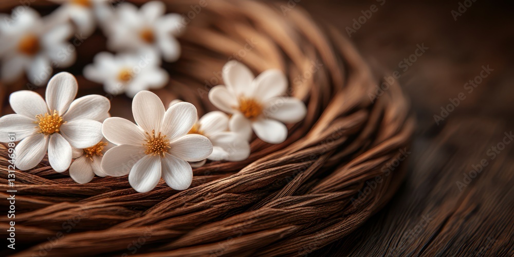 Elegant white flowers arranged around a handcrafted woven wreath on a wooden surface Elegant white flowers arranged around a handcrafted woven wreath on a wooden surface