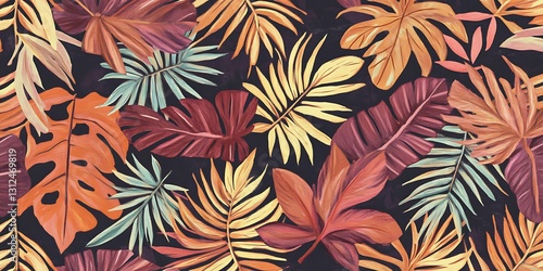Tropical leaf pattern in warm autumnal hues on a dark background