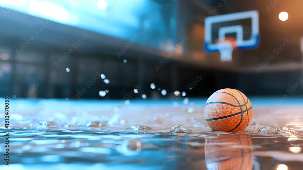 A basketball rests in water on a polished indoor court floor A basketball rests in water on a polished indoor court floor