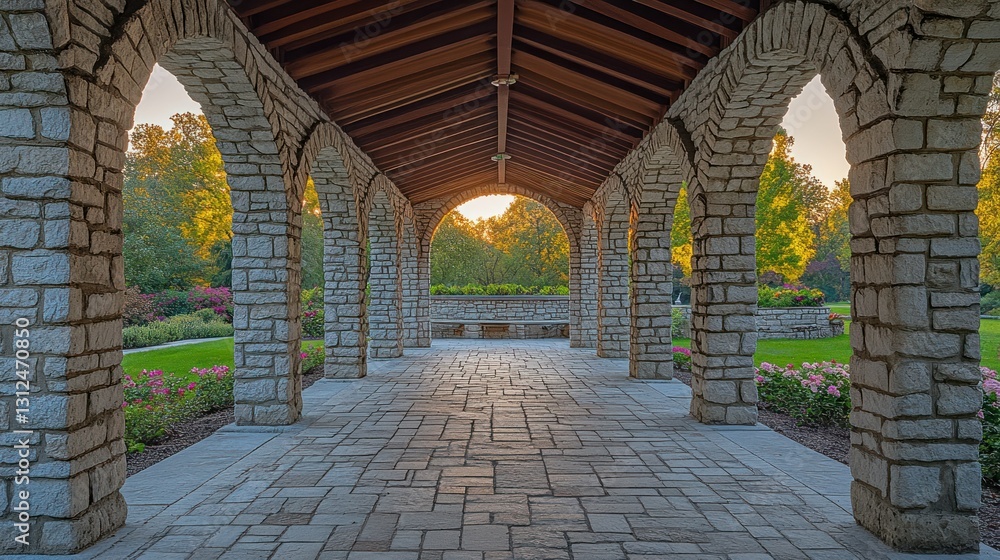 Stone colonnade walkway at sunset Stone colonnade walkway at sunset