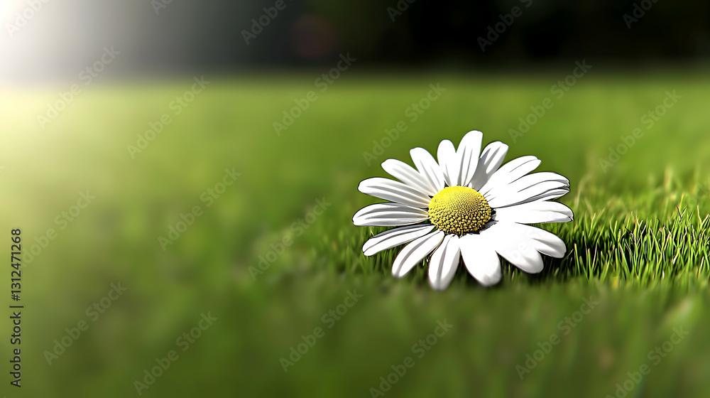 A single white daisy flower rests in vibrant green grass