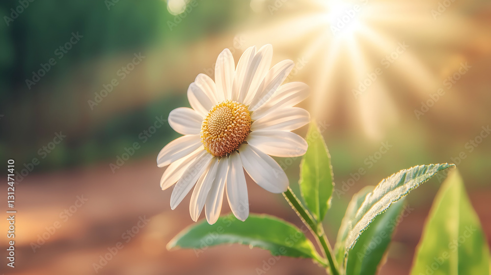 A beautiful white daisy flower glowing under bright sunlight