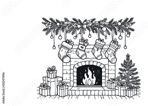 Cozy fireplace decorated with stockings, gifts, and a Christmas tree 