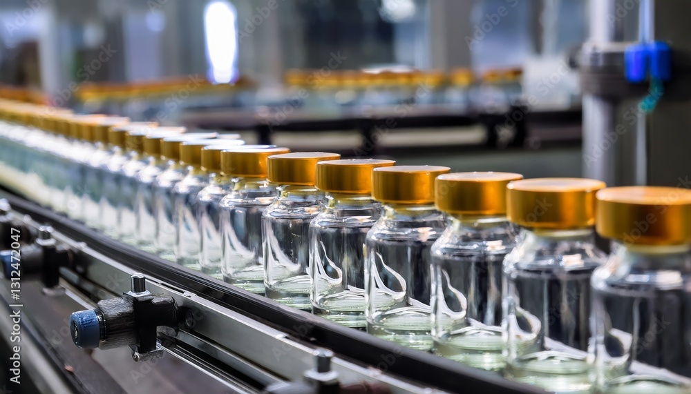 Obraz premium Rows of Medicine Bottles on Conveyor Belt 
