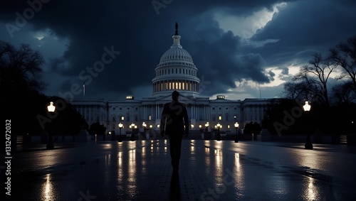 Silhouetted Man Approaching Government Building at Dusk