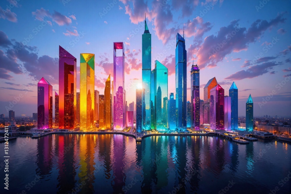 Obraz premium A vibrant cityscape with neon-colored skyscrapers reflecting on water at dusk, ideal for futuristic urban designs or travel promotions