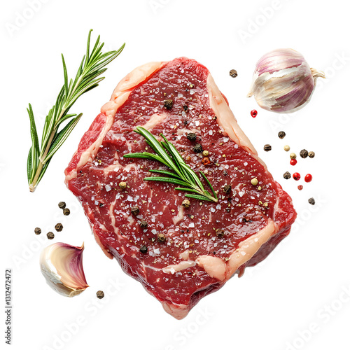 Fresh raw steak seasoned with pepper, salt, rosemary, and garlic on transparent background. Gourmet cooking ingredients, natural spices, healthy diet concept, isolated culinary presentation.