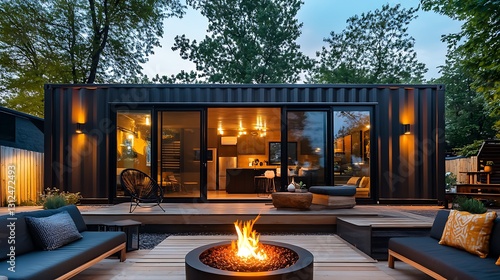 A minimalist container home with a dark brown facade, floor-to-ceiling windows, and a serene garden with a water feature