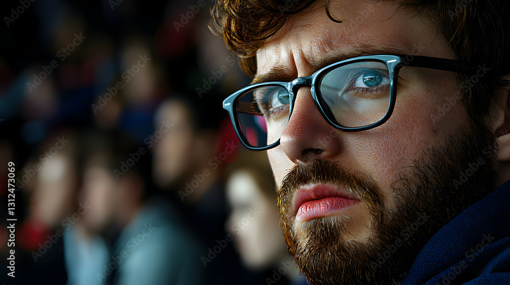 A close up portrait of a man with glasses looking intently