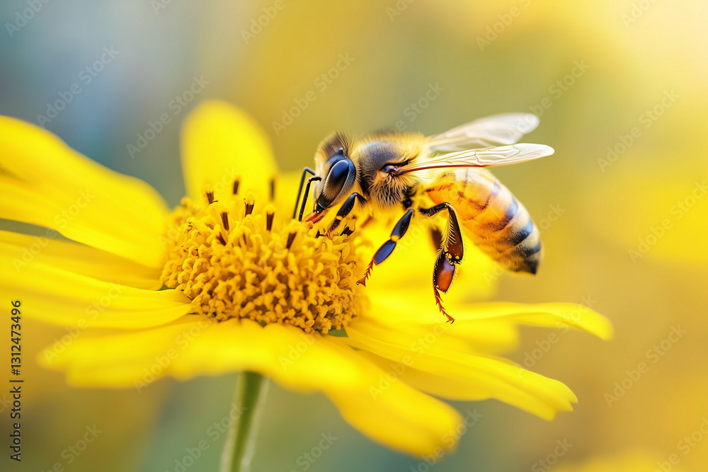 Golden Nectar Seeker: Captivating close-up of a honeybee delicately gathering nectar from a vibrant yellow flower, bathed in warm sunlight Golden Nectar Seeker: Captivating close-up of a honeybee delicately gathering nectar from a vibrant yellow flower, bathed in warm sunlight
