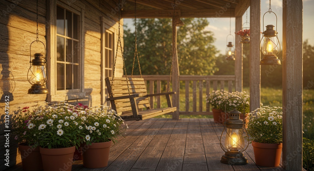 Naklejka premium Cozy Porch with Swing, Lanterns, and Flowers for Relaxing Evenings