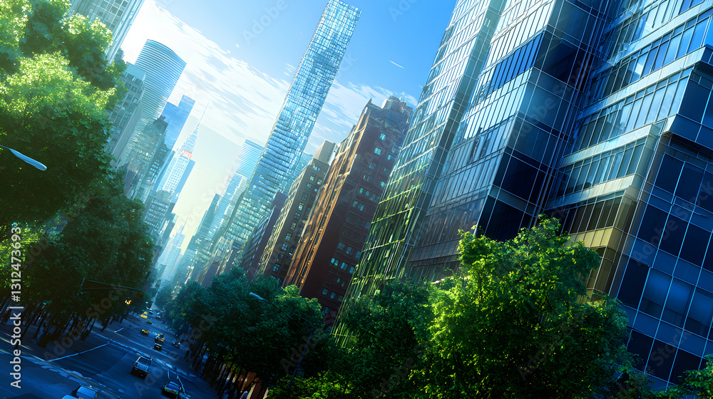 A city street lined with tall buildings and trees