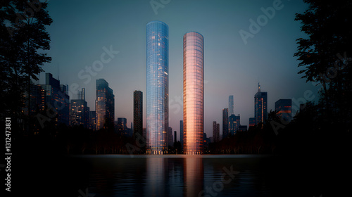 Obraz na płótnie Two tall glass skyscrapers stand reflecting above a calm body of water w salonie