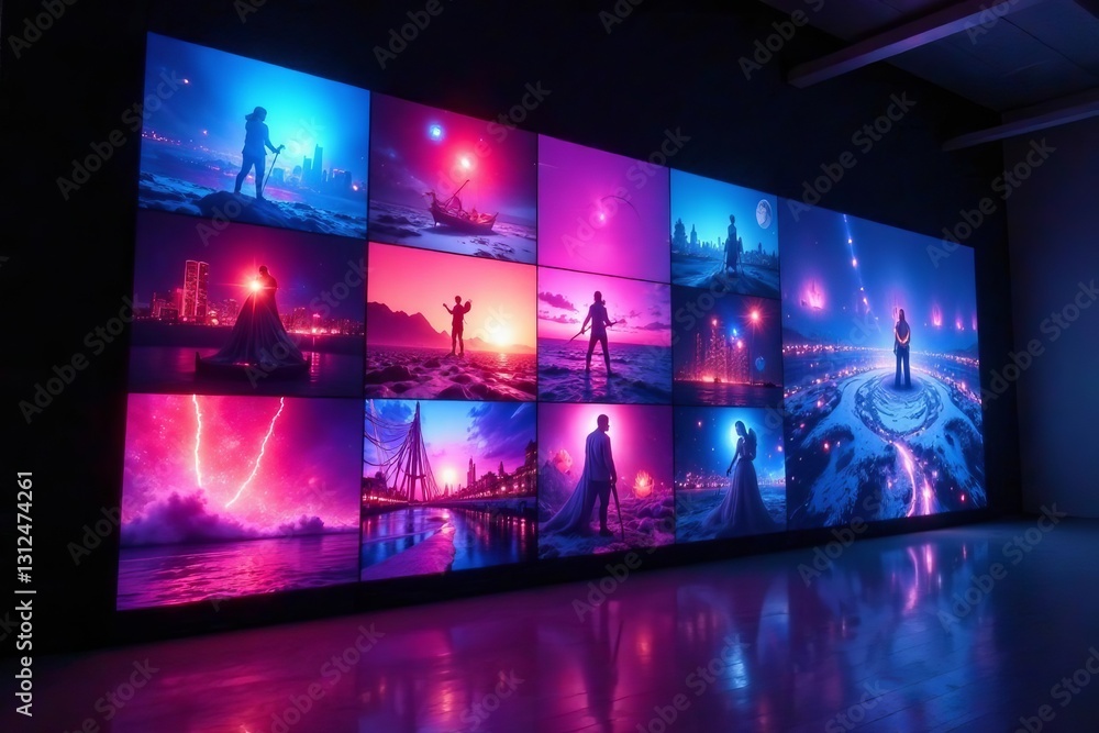 Giant video wall displaying vibrant multimedia content, colorful, screen Giant video wall displaying vibrant multimedia content, colorful, screen