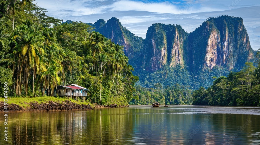 Fototapeta premium Tropical Riverfront Cabin Amidst Lush Jungle Mountains