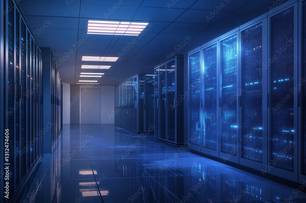 Modern data center with blue illumination, server racks along corridor with reflective floor creating futuristic high-tech atmosphere in secure computing facility Modern data center with blue illumination, server racks along corridor with reflective floor creating futuristic high-tech atmosphere in secure computing facility