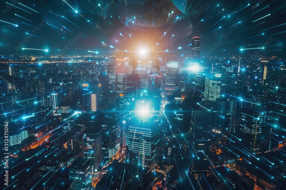 Futuristic technology showcase in brightly lit cityscape urban night view Futuristic technology showcase in brightly lit cityscape urban night view