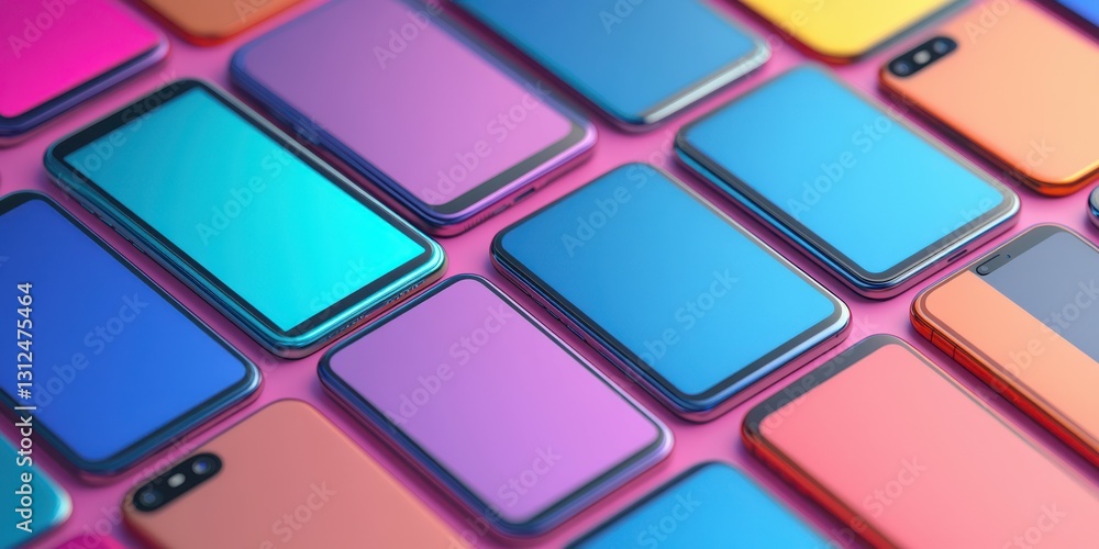 Colorful arrangement of mobile phones on a vibrant background shows modern technology in design Colorful arrangement of mobile phones on a vibrant background shows modern technology in design