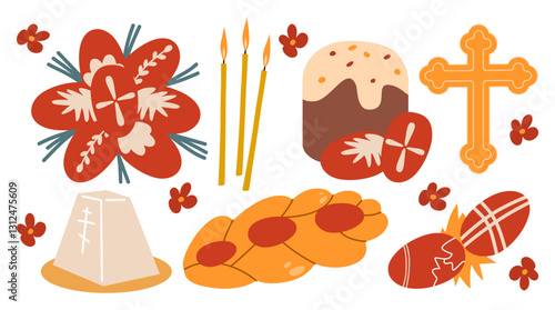 A set of illustrations of Orthodox Easter with bakery cakes with candles and easter colored eggs.