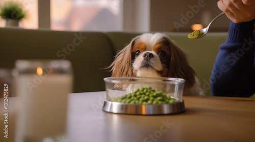 A curious dog looks up at a spoon of green powder