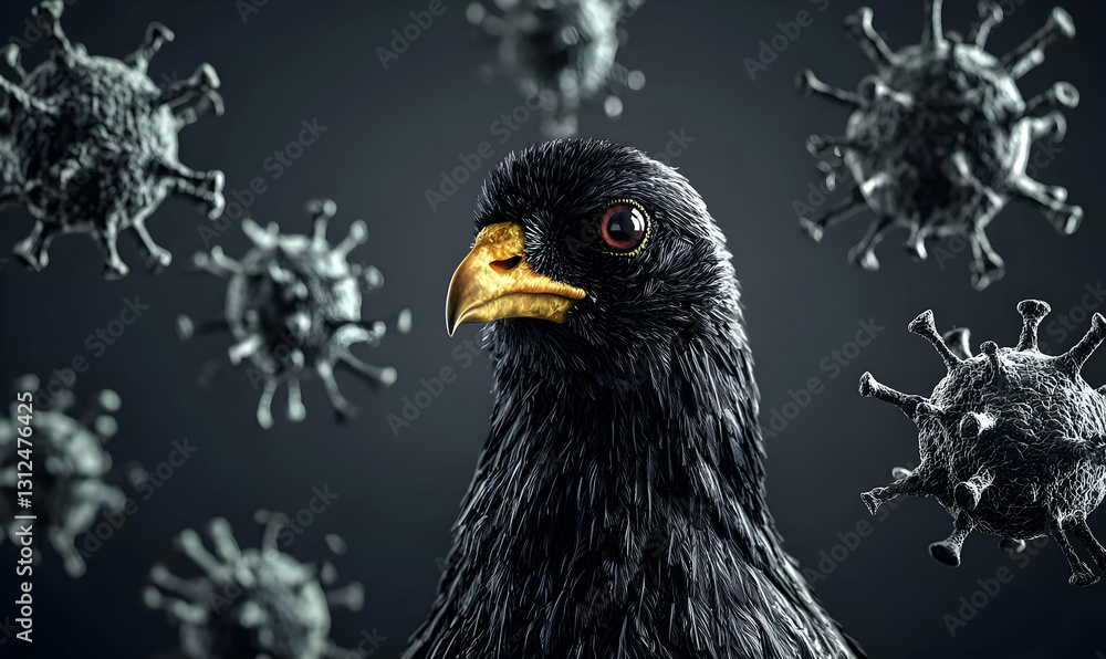 Fototapeta premium Black Bird with Virus Representations in Dark Background Setting