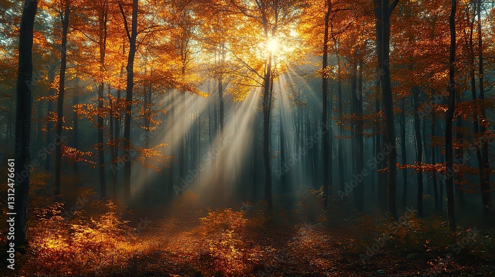 Obraz premium mysterious forest with sunbeams and fog in autumn